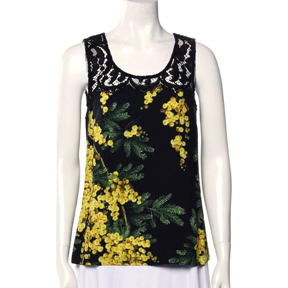 Dolce & Gabbana Black Yellow Floral Print Crepe Lace Yoke Sleeveless Top 40 US 4 - Picture 1 of 3
